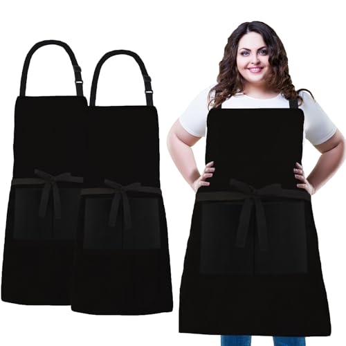 Image of XIEJINJIA Plus Size 2 Pack Adjustable Bib Apron Water Resistant Canvas Extra Wide Long Ties Aprons with 2 Pockets Kitchen Cooking Gardening for Women Men (Black)