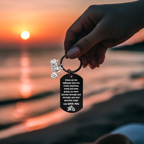 Image of Motorcycle Keychain Gifts for Men, Ride Safe Dad Keychain Motor Cycle Accessories for Bikers, Cool Gifts for Motorcycle Riders Men, May Your Guardian Angel Ride with You Keychains