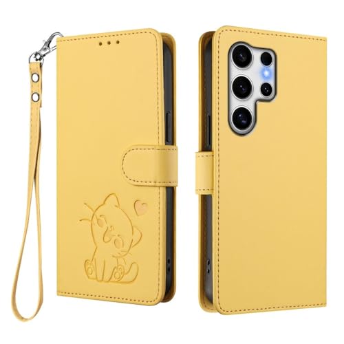 Étui Samsung Galaxy S22 Ultra jaune résistant aux rayures avec clapet magnétique chat