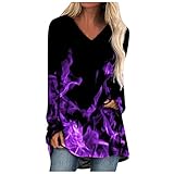 Tunika Damen Langarm V-Ausschnitt Longshirt Elegant Oberteile Lässige Bedruckte Langarmshirt Loose Tuniken Langsleeve T-Shirt Damenshirt Pullover Oversized Blusen