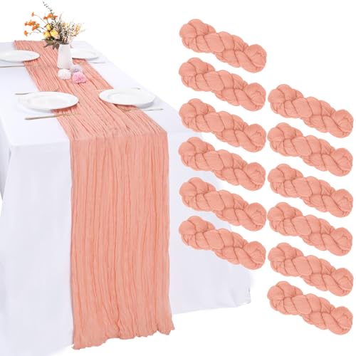 RestfulGlow12 Pack Peach Cheesecloth Table Runner 10FT Boho Gauze Fabric Table Runner 35 x 120 Inch Rustic Sheer Runner for Centerpiece Wedding Decor Baby Shower Party Boho Table Decoration