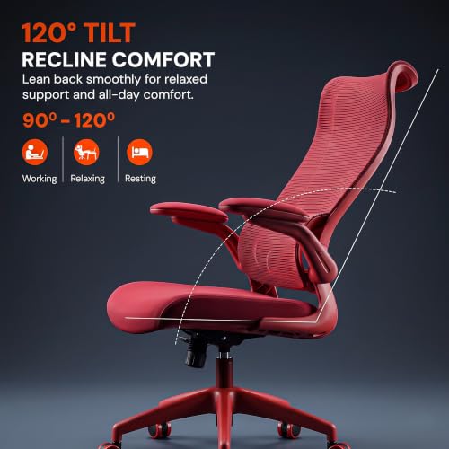 Image of DROGO Chrono Ergonomic Office Chair for Work with Adjustable Lumbar Support | Curved Back Breathable Mesh | Computer Chair With 120 Recline | 2D Padded Armrest & Heavy Nylon Base, 1-Yr Warranty (Red)
