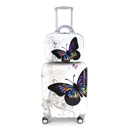 Maleta de Cabina con Neceser Trolley de Viaje Equipaje de Mano 4 Ruedas giratorias 360grados Dibujos Fantasia Paisaje (Mariposa Blanco)