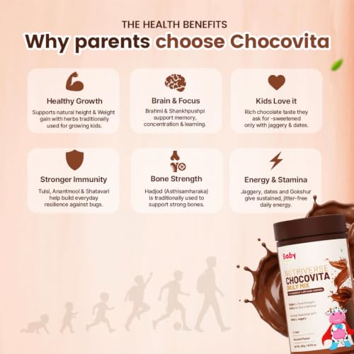 Image of BabyOrgano Chocolate Milk Mix for Kids 2+ Years | With Ashwagandha, Brahmi & 15+ Ayurvedic Herbs | Protein & Calcium | No Refined Sugar, No Maida | Supports Memory, Bone Strength & Immunity | Preservative-Free (Pack of 1)