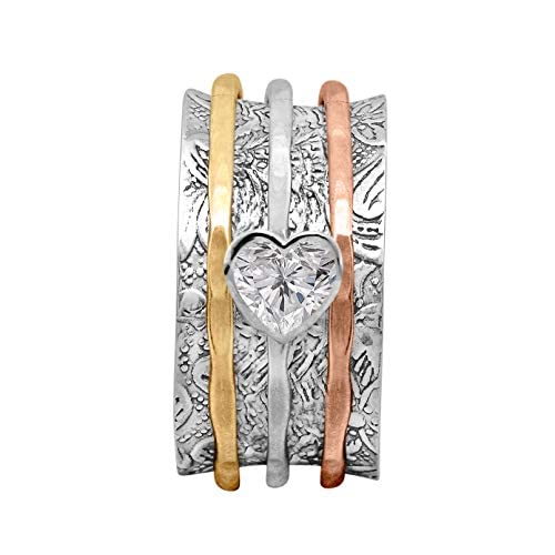 Spinner Ring !! Your Choice Meditation Band, 5 MM Heart Shape White CZ Gemstone Fidget Ring, 925 Sterling Silver Band… (Dual Tone Silver Band, W)