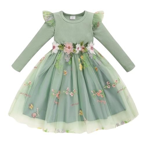 Toddler Girl Tulle Dress Fall Ruffle Long Sleeve Baby Girl Fashion Casual Dresses(Green,3t)