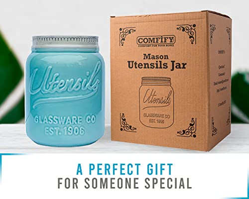 Comfify Wide Mouth Mason Jar Utensil Holder Decorative Kitchenware Organizer Crock, Chip Resistant Ceramic, Dishwasher Safe - Kitchen Caddy Aqua Blue For Countertop, Large Size 7" High #TOP6