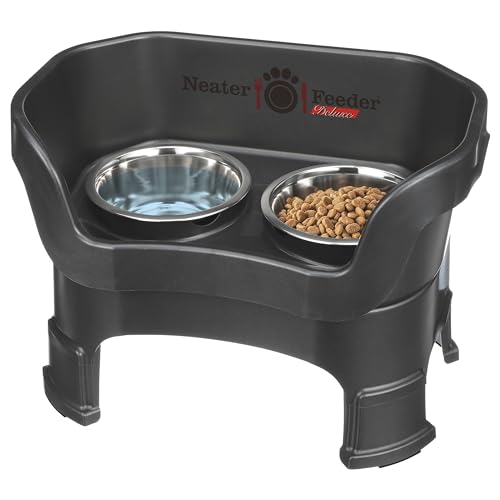 Neater Feeder Deluxe Mess Proof Dog Bowls Elevated Medium Sized Dogs (19-40 lbs) Made in USA, No Spill Raised Dog Food Bowl Stand w/Leg Extension, Stainless Steel Food and Water Bowl Set, Black
