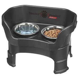Neater Feeder Deluxe Mess Proof Dog Bowls Elevated Medium Sized Dog–Made in USA–No Spill Raised Dog Food Bowl Stand wLeg Extensions–Stainless Steel Dog Food and Water Bowl Set–Black