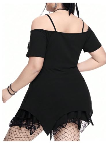 SOLY HUX Women's Plus Size Gothic Cold Shoulder Graphic Tee Shirts Short Sleeve Y2k Tops Festival Rave Outfits Streetwear2