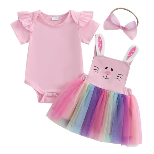 Rourufy Aby Girl Easter Outfit Newborn Romper Overalls Skirt Set Infant Summer Tulle Tutu Dress Toddler Bunny Ear Clothes (A Pink, 3-6 Months)