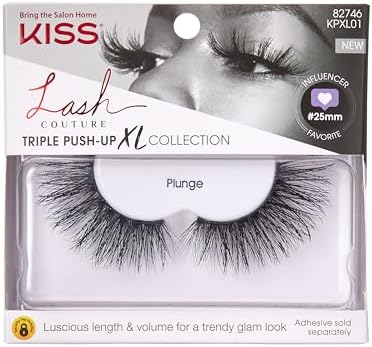 Kiss Lash Couture Triple Push Up XL Collection False Eyelashes, 3D Volume in Extra Long Length with Triple Design Technology, Cruelty-Free and Reusable, Style 'Plunge', 1 Pair Fake Eyelashes