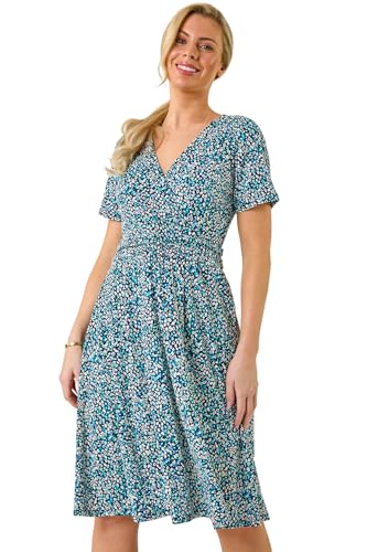 Image of Roman Originals Wrap Dress for Women UK Ladies Swing Skater Fit & Flare A Line Tea Stretch Knee Length V-Neck Holiday Summer Smart Casual Work Party Evening - Petite Dark Blue - Size 14