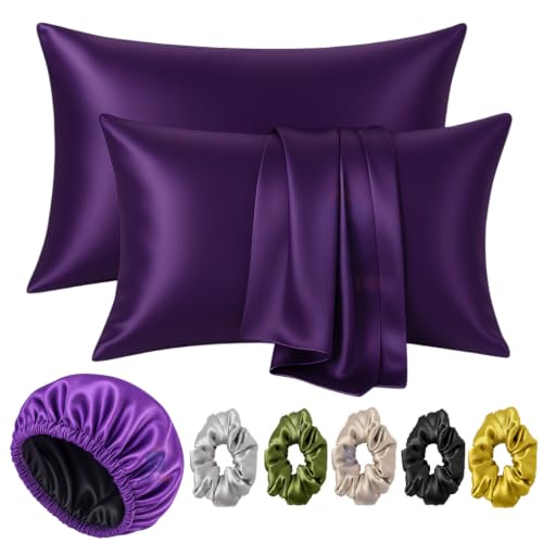 Image of Satin Pillow Covers for Hair and Skin Set of 2 with 5 Scrunchies I Satin Pillow case I Silk Pillow Cover I Silk Pillow case I Women Gift Items (Purple + Cap)