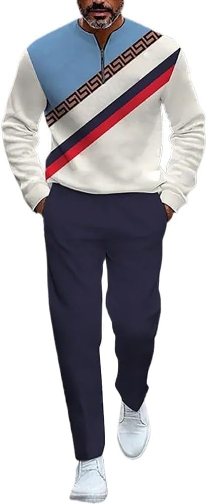 Men's printed sports long sleeved set with contrasting stripes and half zipper sweatshirt, running pants 2-piece set