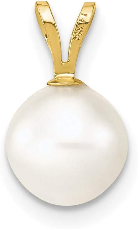 Solid 14k Yellow Gold 7-8mm Round White Freshwater Cultured Pearl Pendant Charm - 11mm x 7mm