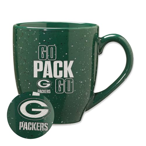Rico Industries NFL Football Green Bay Packers Go Pack Go 16 oz Team Color Laser Engraved Speckled Ceramic Coffee Mug