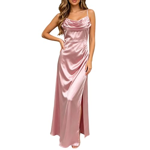 Gefomuofe Vestido de noche largo para mujer, vestido de cóctel, tirantes delgados, vestido de fiesta de satén, con abertura en cascada, vestido de fiesta festivo hasta el tobillo, Rosa., 3XL