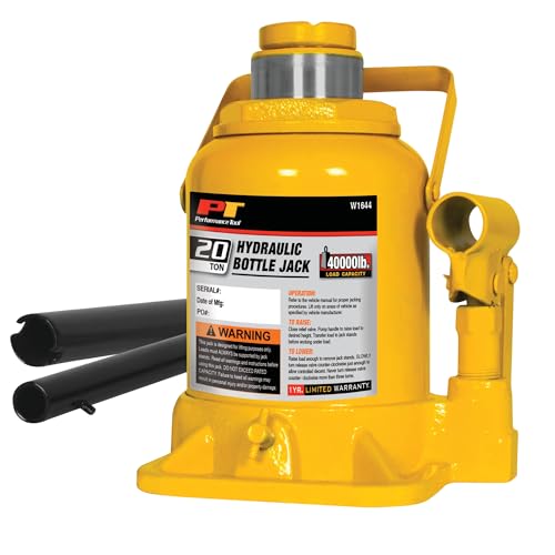 Image of Performance Tool W1644 20 Ton Heavy Duty Shorty Hydraulic Bottle Jack | 40,000 lbs car and truck automotive pump jack. Lift range 7-1 /4 to 13-3 /4 in. Oversize cast iron base. Adjustable top