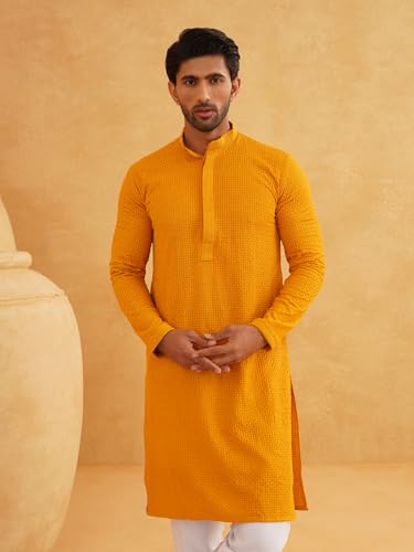 Image of Sojanya (Since 1958 Men'S Geometric Embroidered Thread Work Cotton Straight Long Kurta