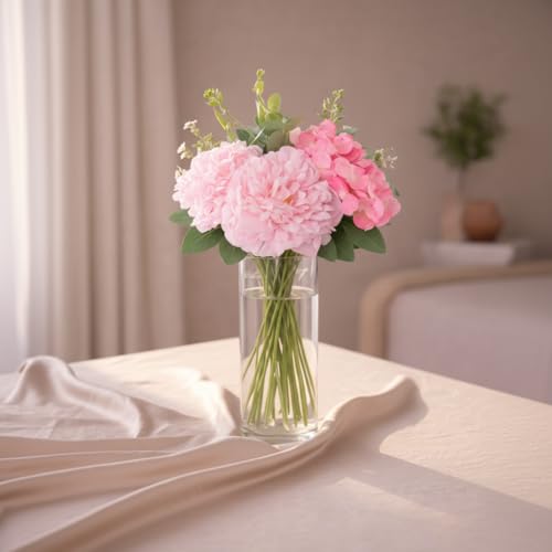 Image of Premium Artificial Flower Bunch - Pink Lotus, Rose with Green Leaf | Realistic Fabric Petals | Artificial Flowers for Vase | Home Decoration Items for Living Room & Bedroom || Pink