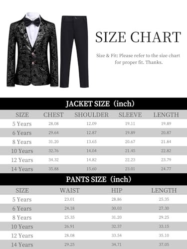 Boyland Boys Jacquard Suit Slim Fit Tuxedo Suits Jacquard Notch Lapel Tux Jacket Pants Party Formal Wear Black