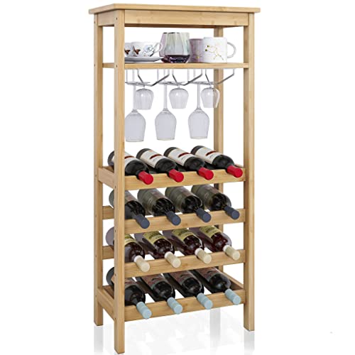 SMIBUY Wine Rack with Glass Holder & Table Top, 16 Bottles Storage, Floor Free Standing Bamboo Display Shelves for Home, Kitchen, Pantry, Cellar, Bar (Natural)