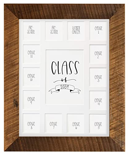 Image of Rustic Red Door Co. School Years Reclaimed Wood Picture Frame with Mat - 11x14 Wooden Framed 15 Photo Collage Mat Pre-School & Kindergarten to 12th Grade (Class of 2039, White)
