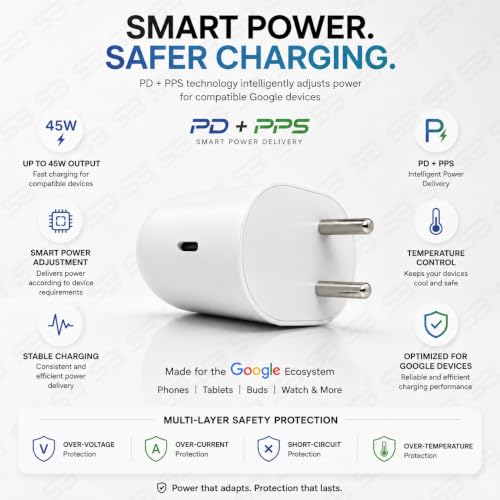 Image of 45W PPS Charger with 1m USB C to C Cable, PD 3.0 Fast Charging Adapter Compatible with Google Pixel 11 /10 /9 /8 /7 /6 Series, Pixel Tablet & Buds, BIS Certified Type C Wall Charger