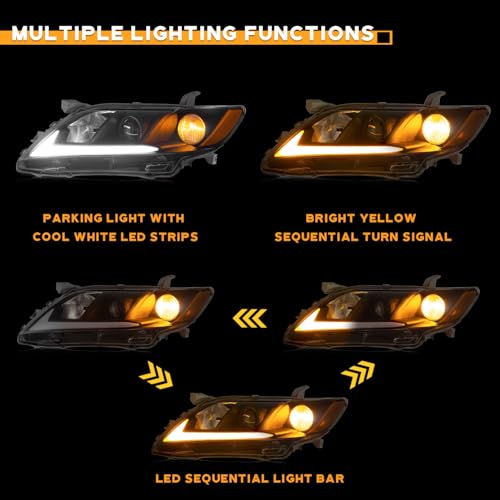 Image of WEELMOTO DRL Headlights Assembly for 2007-2009 Toyota Camry US Version | 2007 2008 2009 Toyota Camry (Exclude Hybird), Black,LED Bar Sequential Turn Signal, Left+Right Side, Plug-and-Play
