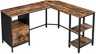 VASAGLE Corner Desk, L-Shaped Computer Desk, Office Desk with Cupboard and Hanging File Cabinet, 2 Shelves, Home Office, Space-Saving, Easy Assembly, Industrial Design, Rustic Brown and Black LWD75X