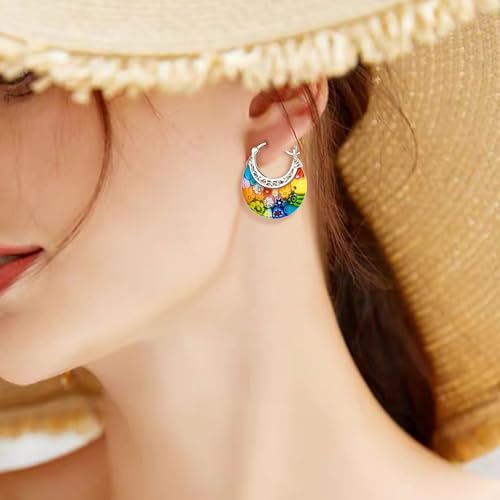 Crysdue Murano Style Glass Colorful Hoop Earrings, Trendy Daisy Artistic Boho Multicolor Earring Millefiori Flower Jewelry for Women Summer Beach2