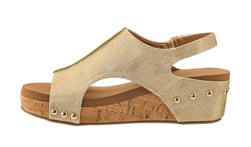 Corkys Footwear Women's Volta II Wedge Sandal - 2 Inch Cushioned Wedge, Hook & Loop Closure for Comfort & Style, Perfect for Casual & Dressy Outfits Gold Texture Size 09
