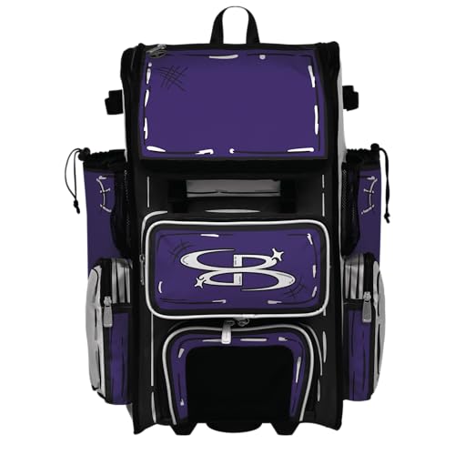 Boombah Rolling Superpack Baseball/Softball Gear Bag - Telescopic Handle - Holds 4 Bats - Wheeled Version - Animate Purple/White/Black