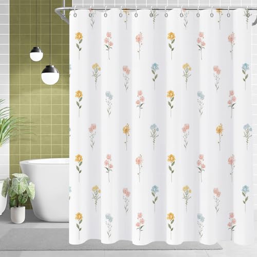 GKLEASG Floral Shower Curtain, Wildflower Botanical Plant Leaves Cute Flower Spring Herbs Elegant Waterproof Fabric Machine Washable for Bathroom Bathtub Decor with Hooks 72x72