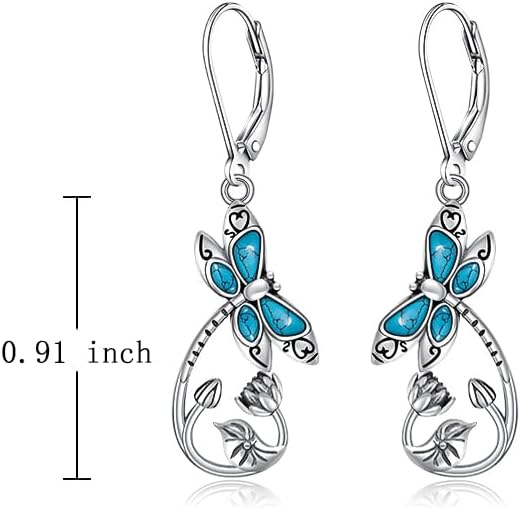 Turquoise Dragonfly Earrings for Women Sterling Silver Dragonfly Gifts Turquoise Earrings Lotus Flower Leverback Dangle Drop Jewelry - Image 4