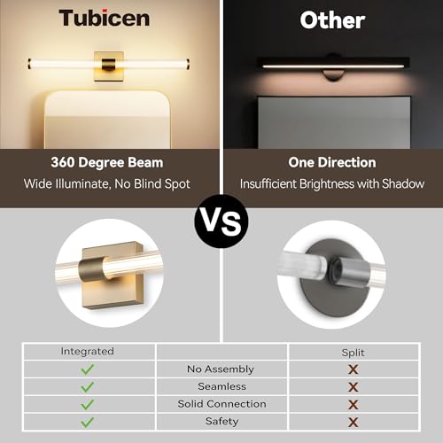 Image of Tubicen Gold LED Vanity Light Linear Vertical Wall Sconce Dimmable 25in | 360 Full Lighting, 12W Vanity Light Bar Modern Slim Wall Light Fixture for Living Room Bathroom Bedroom, Warm White
