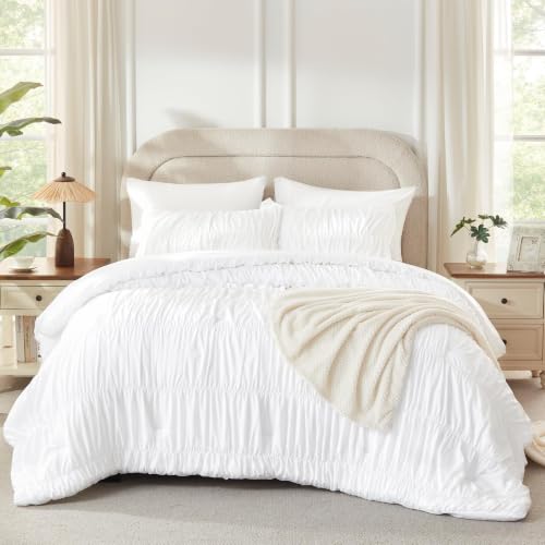 Image of Andency Ruched White California King Comforter Set, Boho Ruffle 3 Pieces