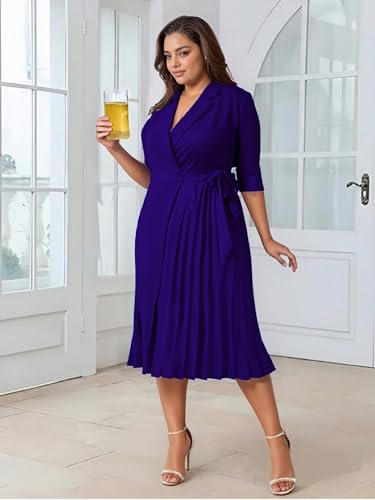 Image of Hostoyo Plus Size Wrap Dress Elegant Pleated Formal Midi Dresses Suit Collar 3 /4 Sleeve Belted Casual Church Outdoor Office