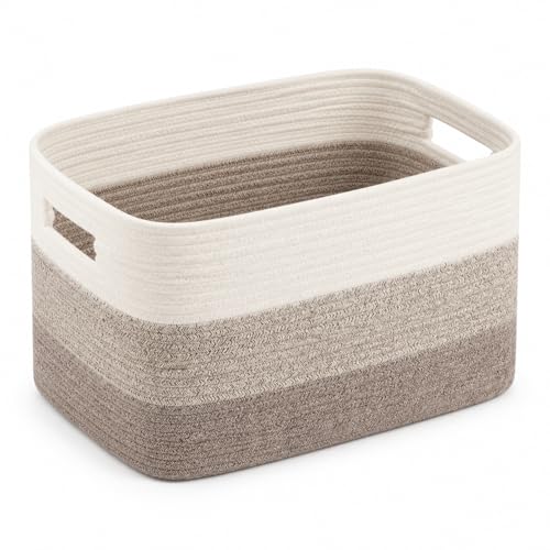 Image of Cotton Rope Laundry Basket Medium, 15.4GAL Collapsible Woven Storage Baskets for Living Room Kids Toys Stuffed Animal Boho Rectangular Decorative Short Hamper for Dirty Clothes Blankets Gradient Brown