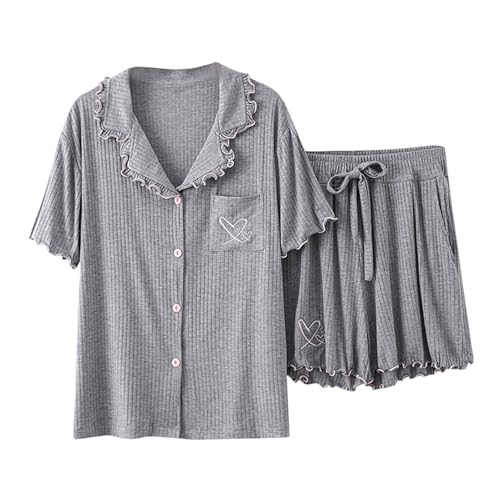 Women's Summer Sleepwear Set Collar Double Heart Embroidered Button Homewear Fashion Casual Loose Short Pants Pajamas Sets（Gray，Medium）