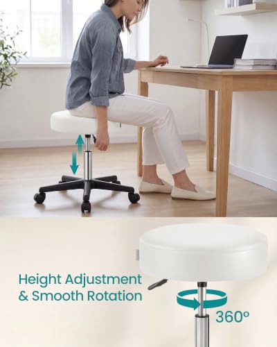 Image of SONGMICS Rolling Stool, Adjustable Swivel Stools Chair, PU Leather, White | Round Rolling Stool 300 lb Weight Capacity , Adjustable Height, for Salon, Bar, Tattoo, Massage, Home Office, UOSC061W101