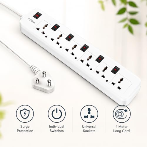 Image of Fora Extension Board with 4 Meter Power Cord | 5 Amp Multi-Socket Extension Board with Surge Protection & Individual Switches | Power Strip for Home, Office, Laptop, PC, Mobile Chargers & Appliances