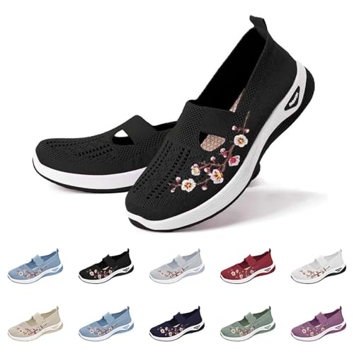 Zapatillas Trekking Mujer Zapatillas Mujer Deportivas Ligeras Cómodas Zapatos Malla Transpirable Sneakers sin Cordones Ortopédicas Calzado Bordado Floral Antideslizante Sandalias Verano