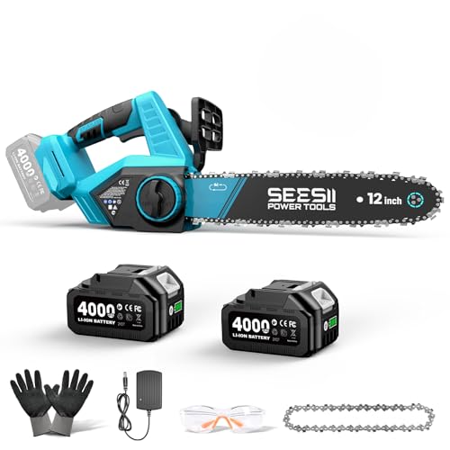 SEESII Electric Chainsaw Cordless 12-inch, Handheld Chain Saws with a 4.0Ah Battery, Tree Saw with Tool-free Chain Tension, Auto Oiling for Wood Cutting Trimming Branch Ice Blue