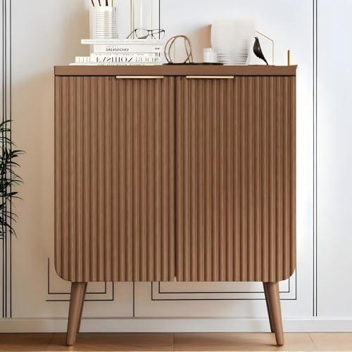 Trygoal Walnut 23.6" Modern Fluted Wood Sideboard – 2-Door Buffet