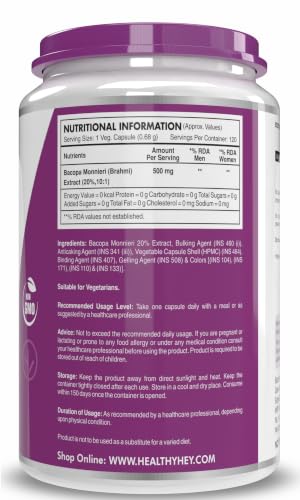Image of HealthyHey Nutrition Brahmi - Bacopa Monnieri Support Memory and Brain Health - 120 Veg Capsules