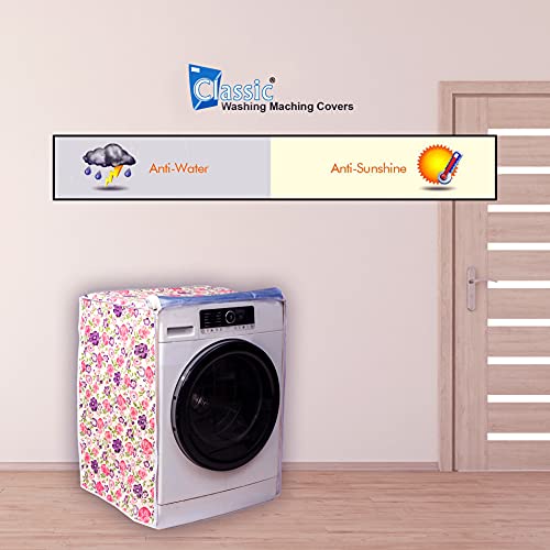 Image of Classic Front Load Washing Machine Cover Suitable for LG 7 Kg, 7.5 Kg, 8 Kg, 8.5 Kg, 9 Kg (63cmsX63cmsX81cms, White & Pink Flower, Large)