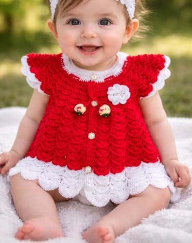 Image of NILU Craft Baby Girls Handmade Woollen Frock Cum Sweater (Red)