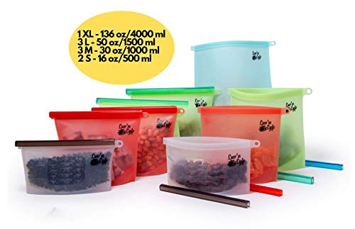 9 PCS REUSABLE SILICONE FOOD STORAGE BAGS IN 4 SIZES! Durable, Easy to